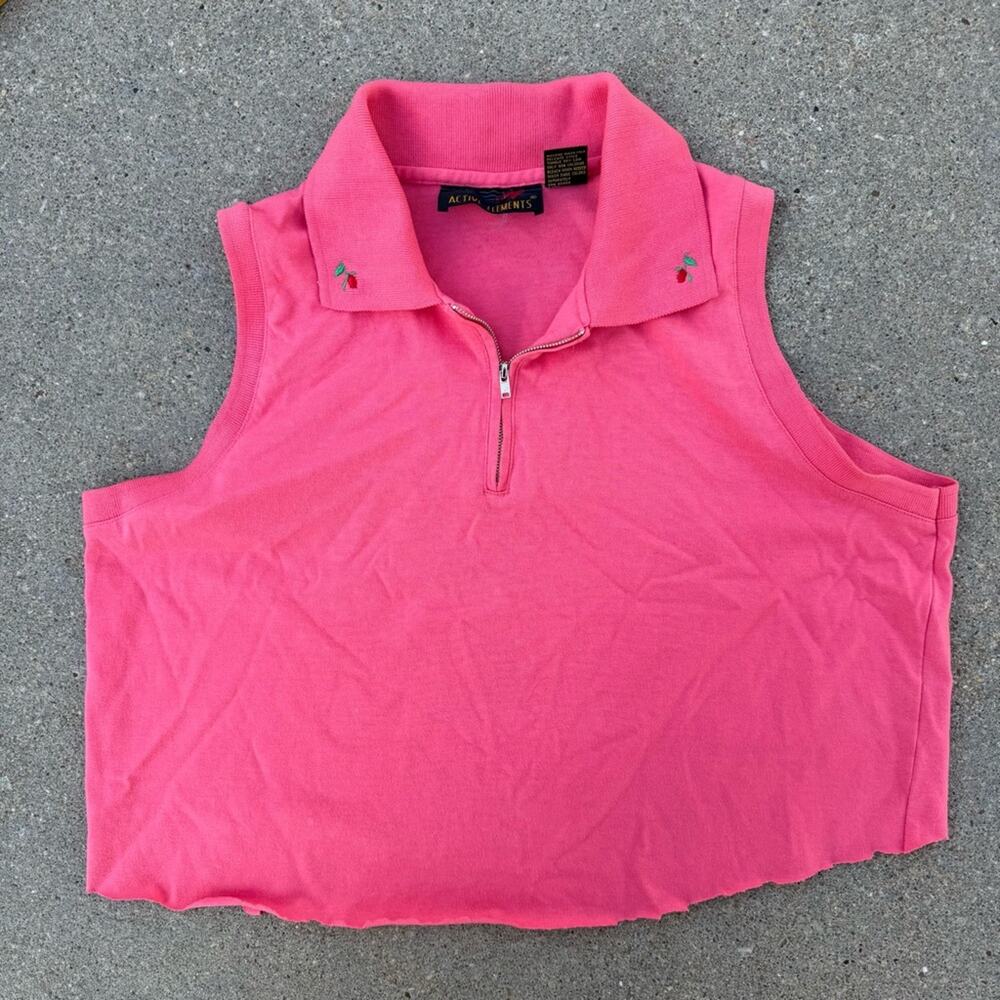 Vintage 80s 90s active elements salmon coral pink sleeveless polo zip collar LG